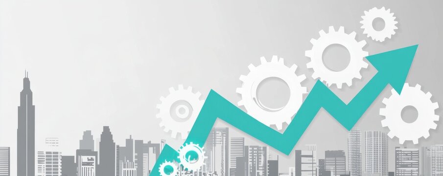 Abstract city skyline with gear and arrow symbolizing growth and technology advancement in a modern business environment
