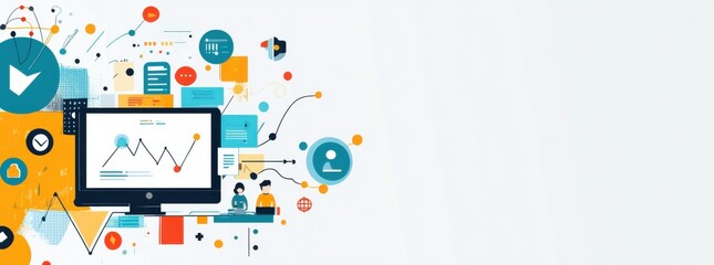  banner with blue background showcasing data analytics and digital technology elements with graphs and charts