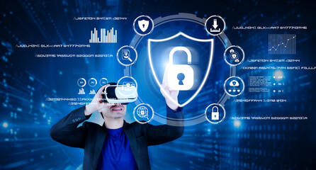 Manager wearing suit and VR glasses while accessing in security system. Business man connecting with global network and verify identity. Artificial intelligence. Technology innovation. Ingenuity.