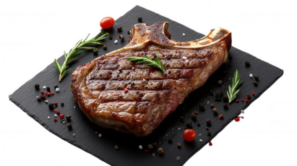 Grilled Ribeye Steak on Slate isolated on Transparent Background PNG