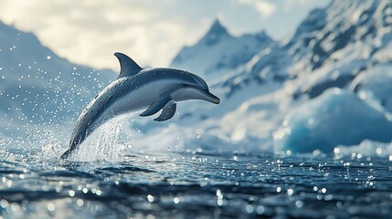 Fototapeta premium A snow-covered mountain and iceberg stand in stark contrast with the bright blue water as a sleek, graceful dolphin leaps effortlessly from the sea