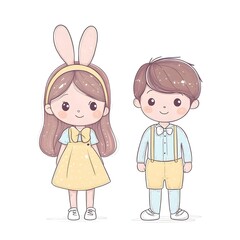 Cute cartoon illustration of a young girl wearing bunny ears and a boy with a bow tie. They are both dressed in yellow and blue.