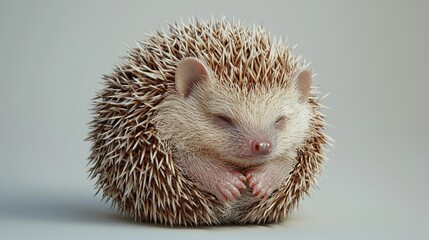 Obraz premium A high-resolution close-up image shows a small hedgehog resting its head on its paws on a white background