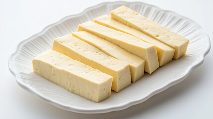 Soft and tender tofu slices, made from fresh soybeans, arranged on a white plate, ready to be savored. 