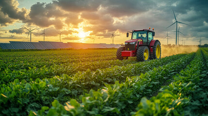 Red tractor plows a field at sunset amidst solar panels and wind turbines, highlighting the intersection of farming and sustainable energy