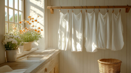 White laundry is hanging to dry on a wooden rack in a rustic laundry room with a window and flowers