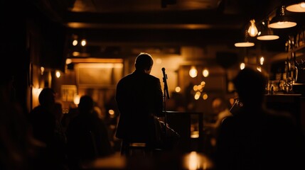 Silhouette of performer on dimly lit stage in intimate bar setting, warm ambient lighting creates moody atmosphere