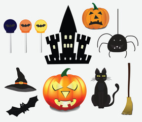 halloween set of characters, spooky elements for halloween decorations, spider, pumpkins