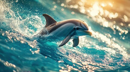 Fototapeta premium A dolphin swims in shimmering water beneath a beaming light, its head rising above the surface