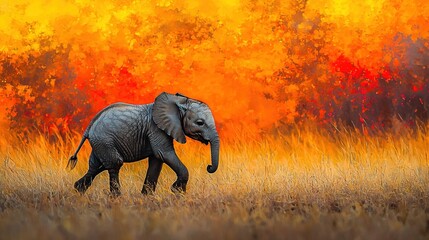 Fototapeta premium A baby elephant wanders through tall grass under an orange-yellow sky