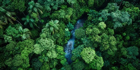 Aerial view of a lush green rainforest with a winding river.