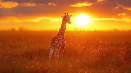 Obraz premium Giraffe standing in a field during sunset