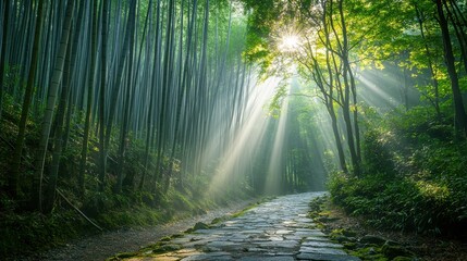 Fototapeta premium Sunbeams pierce through lush bamboo forest, illuminating a tranquil stone pathway in a serene green landscape