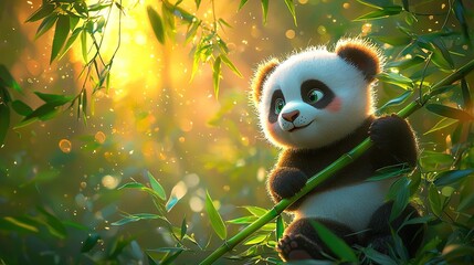 Fototapeta premium A panda in a bamboo tree with its back to the sun and eyes open