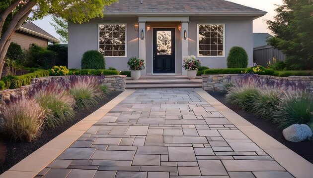 Stunning view of a stamped concrete patio mimicking flagstone with lush landscaping in a serene residential setting. Generative AI