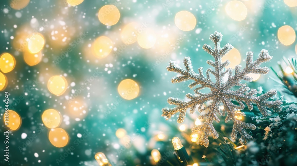 Poster a snowflake glimmers in a vibrant green and white background adorned with twinkling lights, creating