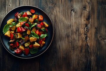 Roasted vegetables with basil on a black plate on a rustic wood background.