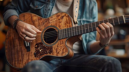 Obraz premium A close-up of a man's hands playing an acoustic guitar. The guitar has a beautiful wooden finish, and the man's fingers move gracefully across the strings.