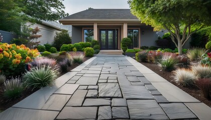 A beautiful stamped concrete patio designed to mimic flagstone enhances the garden entrance on a sunny day. Generative AI
