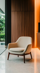 Obraz premium A white armchair with wooden legs in a modern living room.