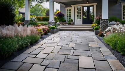 Obraz premium Beautiful stamped concrete patio designed to resemble flagstone enhances a lovely home entrance with gardens. Generative AI