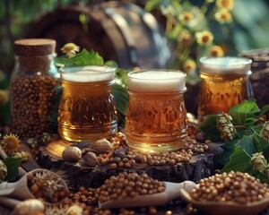 Craft brewing with hops and grains, rich and inviting, Culinary, Warm tones, Photograph, Artisanal drinks