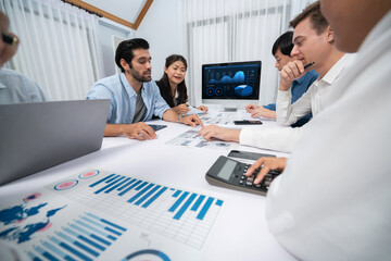 Diverse corporate audit team or company bookkeeper and accountant consultant calculate account...