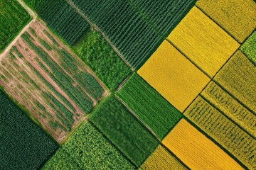 Aerial view of vibrant agricultural fields in various shades of green and yellow.