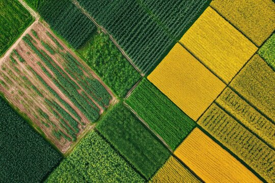 Aerial view of vibrant agricultural fields in various shades of green and yellow.