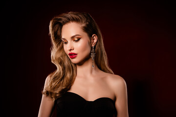 Naklejka premium Photo portrait of lovely young model girl rich lady nightclub wear dress isolated on black color background