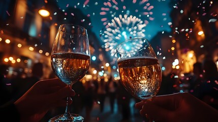 Celebratory Toast Sparkling Wine Cheers Fireworks Nightlife Festivities Joyous Moments