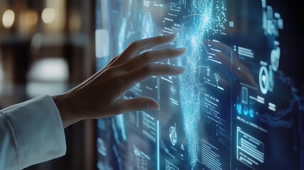 未来型ホログラフィック・インターフェースを操作するビジネスパーソン