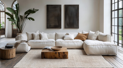 A modern living room with a large sectional sofa, a wooden coffee table, and a leafy plant.