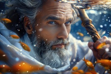 Mighty oceanic deity: Poseidon, Neptune the greek god of the sea and master of the water element in ancient mythology, commanding the depths of the oceans with divine authority Olympic god