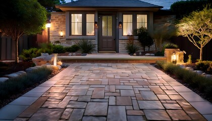 Obraz premium Serene evening view of a softly illuminated stamped concrete patio resembling flagstone near a welcoming home. Generative AI