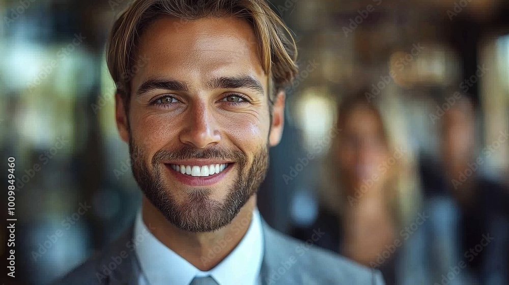 Poster smiling man in a suit stands confidently in an elegant setting during a daytime event