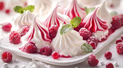   Raspberry Whipped Cream Dessert - Close-up of plate on white tablecloth