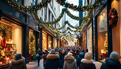 Fototapeta premium A bustling holiday street scene decorated with festive garlands and adorned store windows, filled with shoppers enjoying the winter atmosphere.