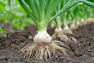 Close-up of a green onion plant with visible roots in soil.