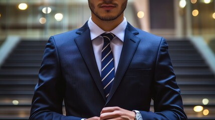 A confident businessman stands poised in a suit at a modern corporate building, showcasing professionalism and elegance in a bustling environment
