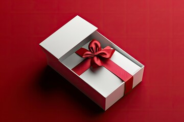 Blank white gift box open or top view of white present box tied with red ribbon bow isolated on dark red background with shadow minimal conceptual 3D rendering  with generative ai