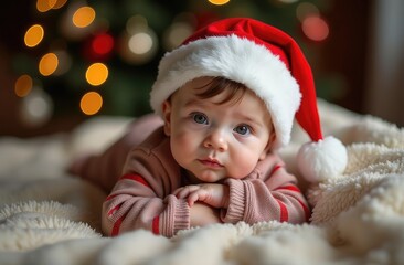 Close-up portrait of a cute baby wearing a red festive Santa hat lying in a cozy environment on Christmas Eve. New Year holidays concept.