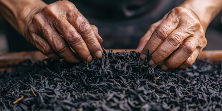 Close-up of hands sorting black tea leaves for processing.