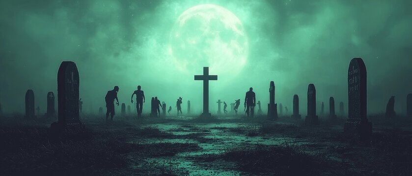 Eerie Night in the Cemetery - Zombie Apocalypse 3D Illustration with Moonlit Graves and Text Space
