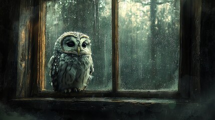 An owl perched atop a window sill, gazing through the drizzle-streaked glass