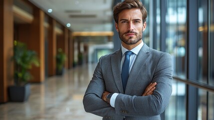Fototapeta premium Professional man in tailored suit standing confidently in modern office hallway during bright daylight