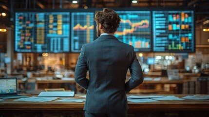 Fototapeta premium Business professional analyzing market data in a modern trading floor during early morning hours