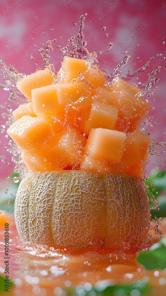 Poster a refreshing melon explosion with water splashing in the air as the fruit explodes from the melon sh