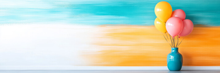 A blue vase holds a cluster of colorful balloons against a painted wall.