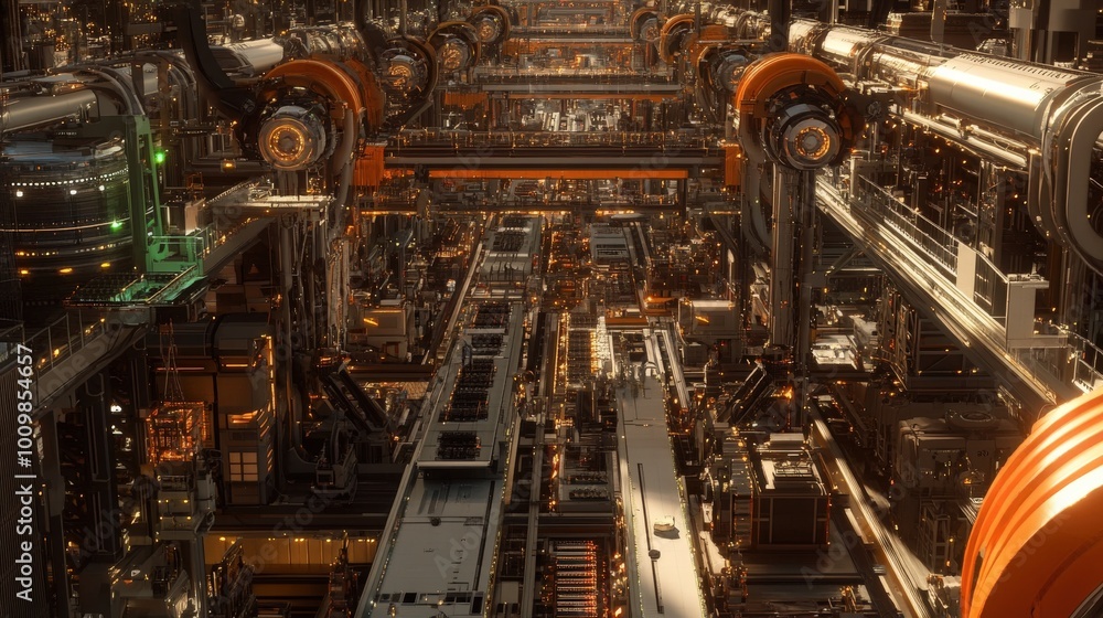 Poster this massive smart factory showcases advanced automation and robotics, with numerous machines and pr